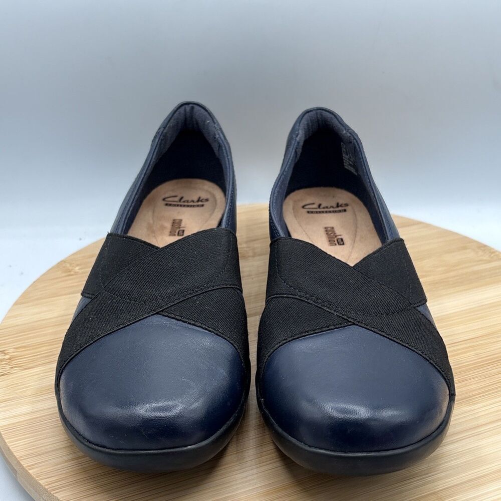 Clarks Women's Medora Jem Slip On Shoe Size 11 Navy Leather X Strap Toe Comfort
